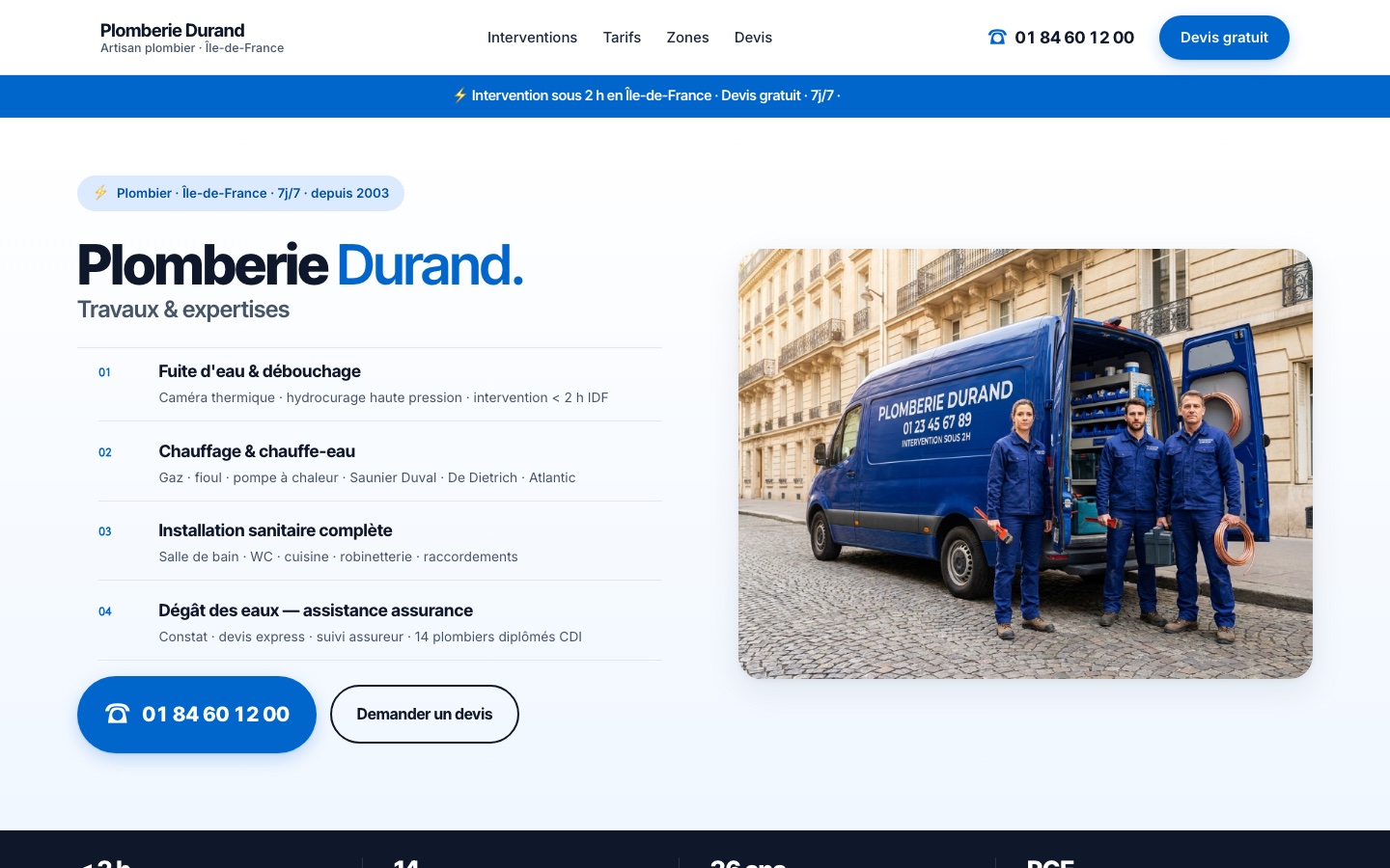 Plomberie Durand · démo plombier IDF urgence 2h