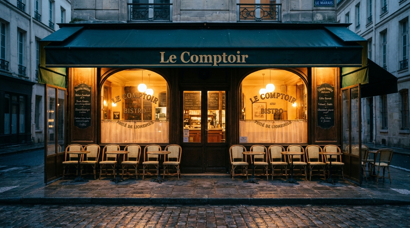 Façade du Comptoir d'Hortense au crépuscule