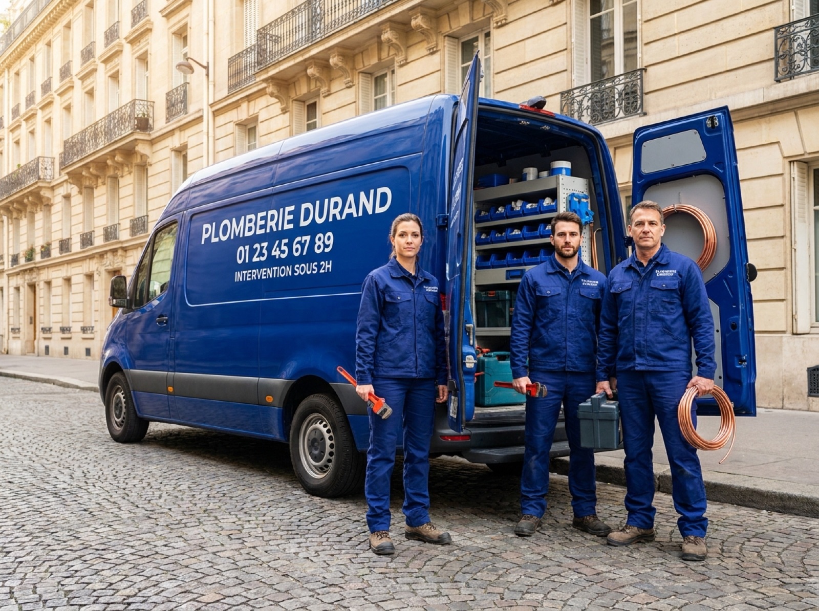 Équipe Plomberie Durand devant un camion d'intervention