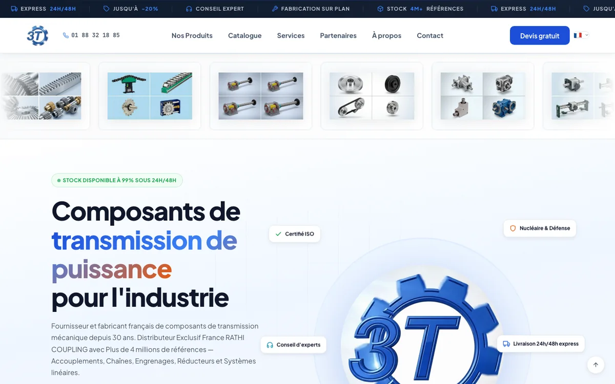 The 3 Transmissions website: reassurance banner, catalogue of six categories and a free quote button.