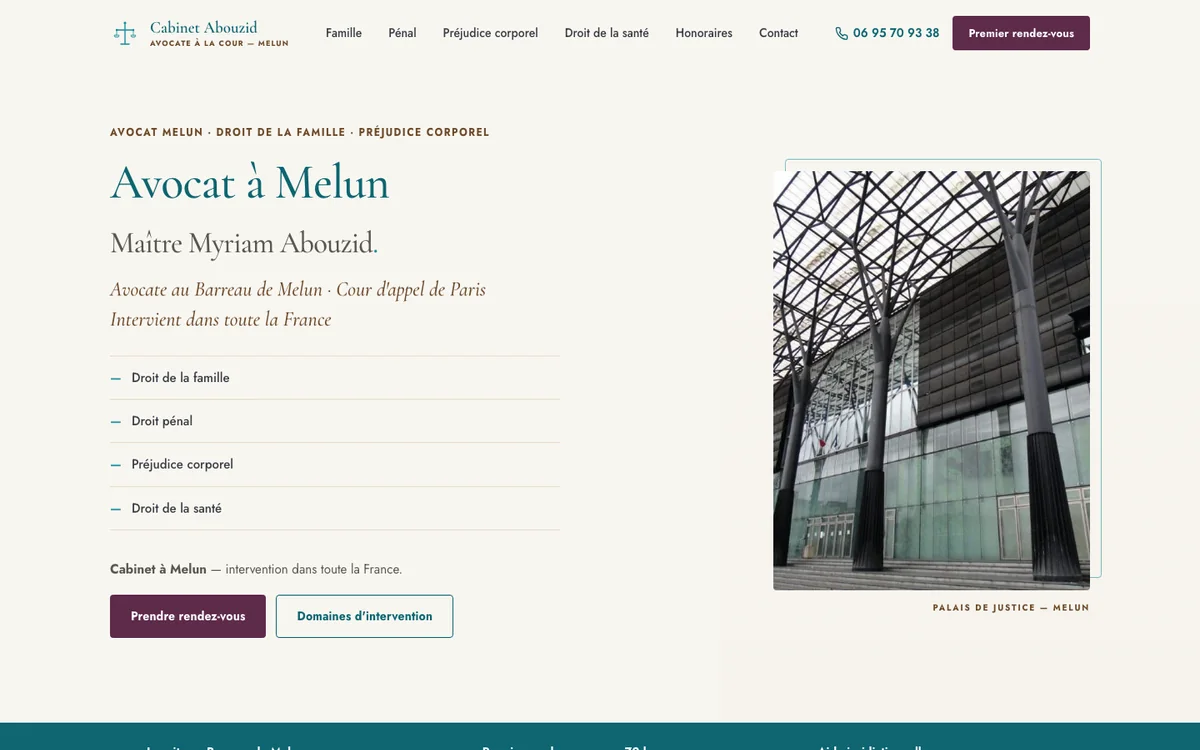 The website of Maître Myriam Abouzid, a lawyer in Melun, showing her four areas of practice.