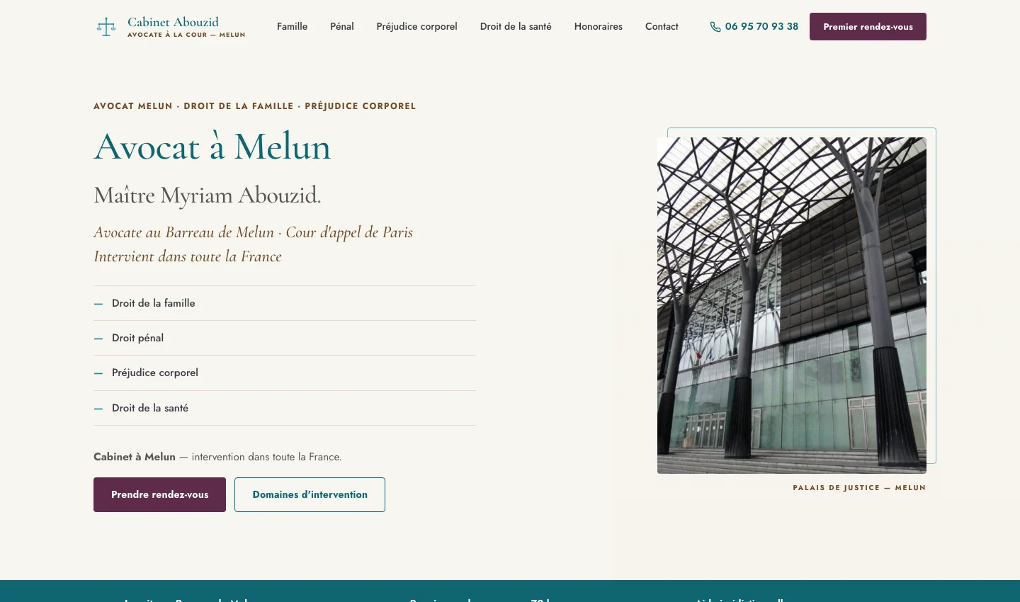Home page of avocatmyriamabouzid.fr: the firm's four areas of practice and the first appointment booking.