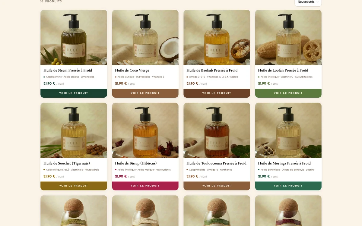 The delfa.africa catalogue: cold-pressed oils, each with its active ingredients, its price and its buy button.