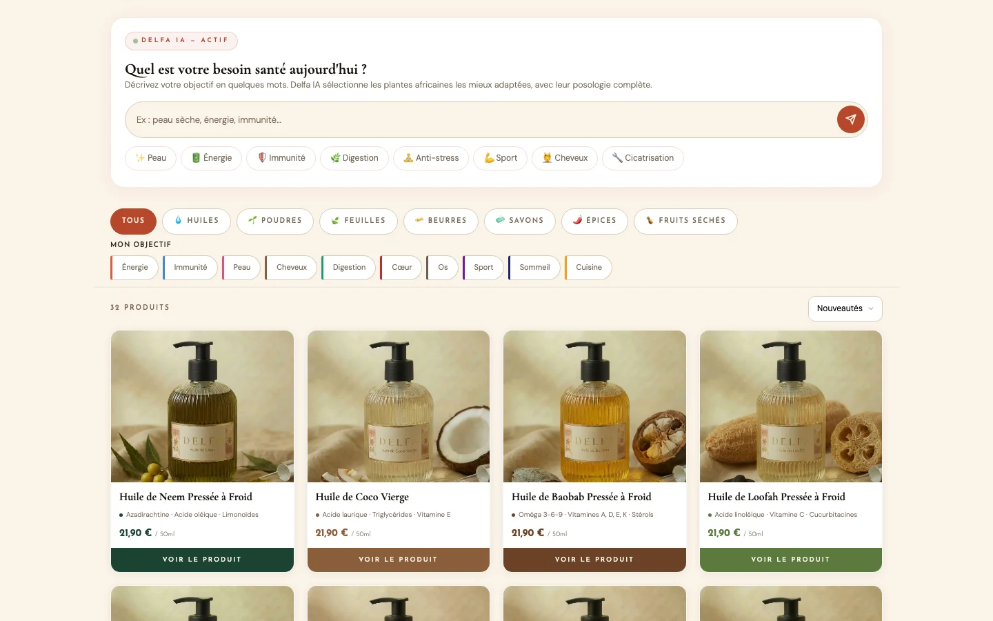 Shop page on delfa.africa: the Delfa IA module at the top, where the visitor describes what they need, then the catalogue of cold-pressed oils.