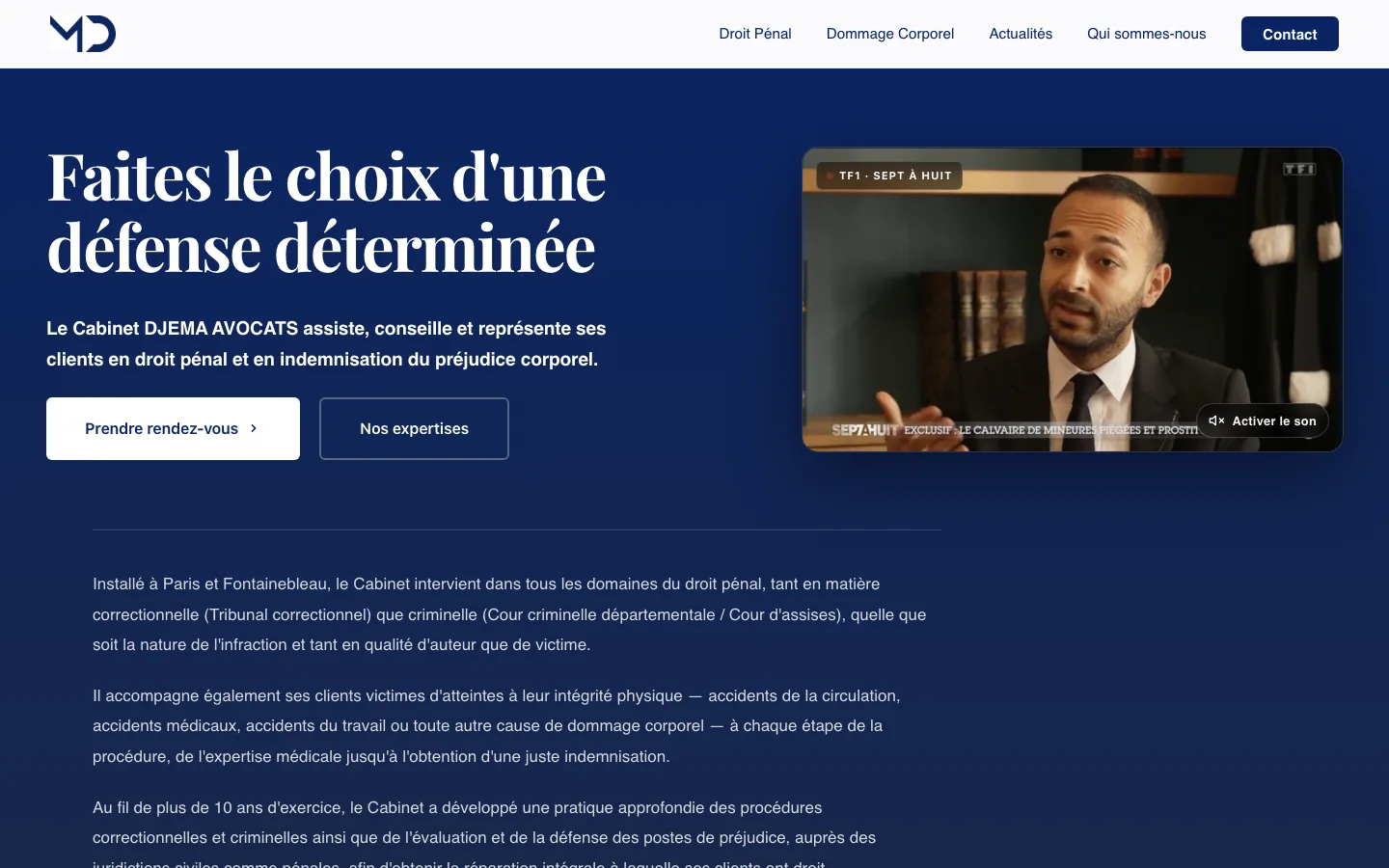 Home page of djema-avocats.com: the firm's name, a video clip from a television appearance and a button to book an appointment.