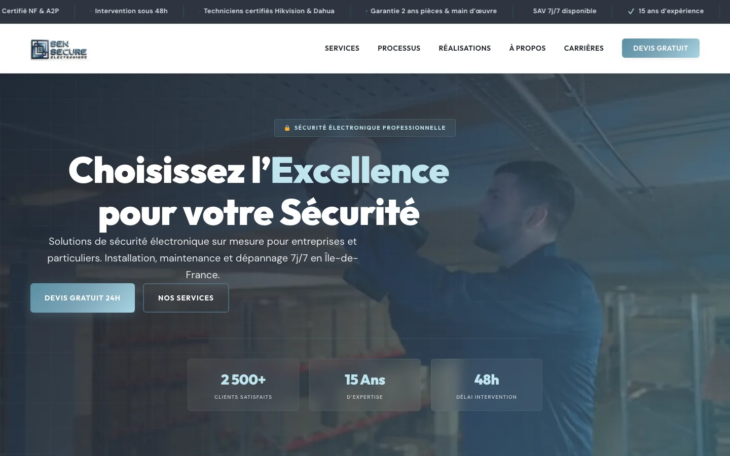 Home page of sensecure.fr: certifications banner, call-out promise and free quote request.