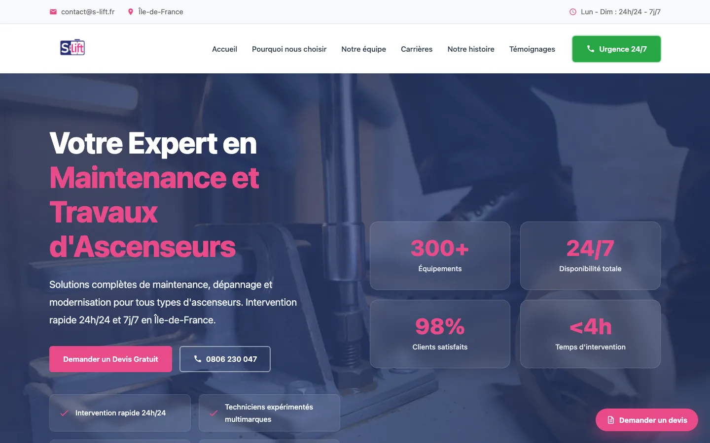 Page d'accueil du site s-lift.fr : maintenance et travaux d'ascenseurs en Île-de-France, avec le numéro d'urgence et la demande de devis.