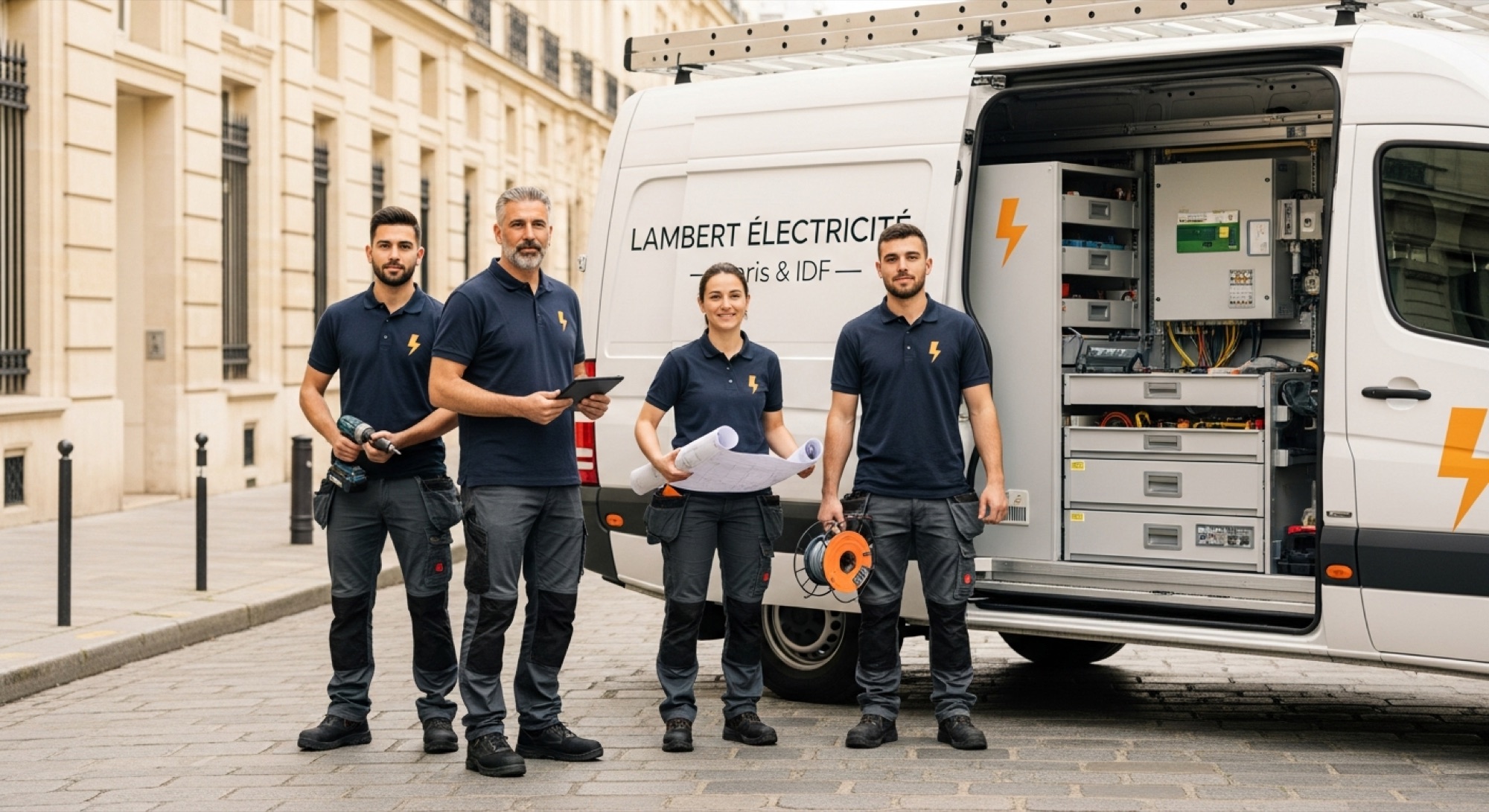 Équipe Lambert Électricité devant son atelier